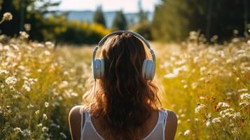 ai generado música terapia, armonía, mental salud concepto. bonito joven mujer disfrutando música con auriculares al aire libre. mujer vistiendo auriculares disfrutando música y bueno vibraciones foto