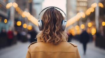 AI generated Music therapy, harmony, mental health concept. Pretty young woman enjoying music with headphones outdoors. Woman wearing headphones enjoying music and good vibes photo