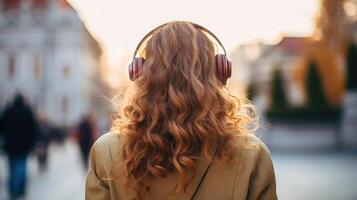 ai generado música terapia, armonía, mental salud concepto. bonito joven mujer disfrutando música con auriculares al aire libre. mujer vistiendo auriculares disfrutando música y bueno vibraciones foto