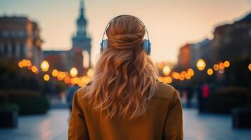 AI generated Music therapy, harmony, mental health concept. Pretty young woman enjoying music with headphones outdoors. Woman wearing headphones enjoying music and good vibes photo