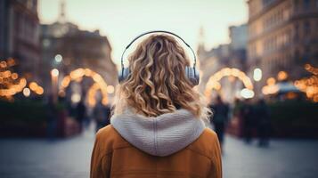 ai generado música terapia, armonía, mental salud concepto. bonito joven mujer disfrutando música con auriculares al aire libre. mujer vistiendo auriculares disfrutando música y bueno vibraciones foto