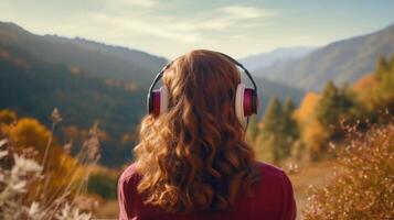 ai generado música terapia, armonía, mental salud concepto. bonito joven mujer disfrutando música con auriculares al aire libre. mujer vistiendo auriculares disfrutando música y bueno vibraciones foto