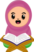 cute cartoon muslim girl reading holy Quran in month ramadan fasting png