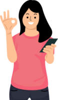 woman online shopping with mobile phone and showing OK sign or woman holding smartphone and showing OK sign png