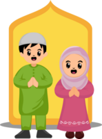 schattig tekenfilm moslim jongen en meisje groet gelukkig eid viering png