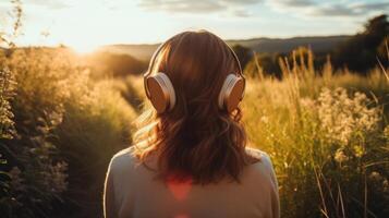 ai generado música terapia, armonía, mental salud concepto. bonito joven mujer disfrutando música con auriculares al aire libre. mujer vistiendo auriculares disfrutando música y bueno vibraciones foto