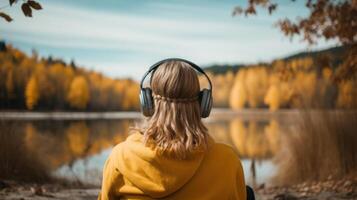 ai generado música terapia, armonía, mental salud concepto. bonito joven mujer disfrutando música con auriculares al aire libre. mujer vistiendo auriculares disfrutando música y bueno vibraciones foto