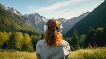 AI generated Music therapy, harmony, mental health concept. Pretty young woman enjoying music with headphones outdoors. Woman wearing headphones enjoying music and good vibes photo