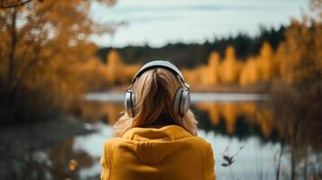 ai generado música terapia, armonía, mental salud concepto. bonito joven mujer disfrutando música con auriculares al aire libre. mujer vistiendo auriculares disfrutando música y bueno vibraciones foto