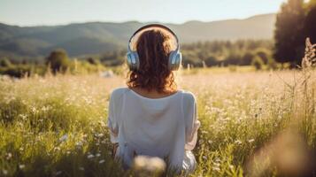 ai generado música terapia, armonía, mental salud concepto. bonito joven mujer disfrutando música con auriculares al aire libre. mujer vistiendo auriculares disfrutando música y bueno vibraciones foto