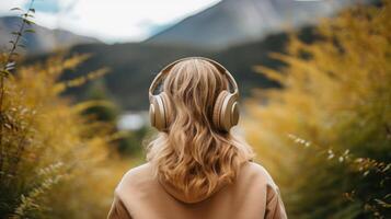 AI generated Music therapy, harmony, mental health concept. Pretty young woman enjoying music with headphones outdoors. Woman wearing headphones enjoying music and good vibes photo