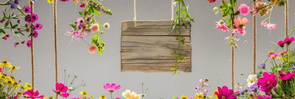 AI generated A handmade wooden sign hung by vine ropes and surrounded by colorful flowers photo