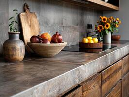 AI generated kitchen benchtop detail. concrete benchtop and timber drawers photo