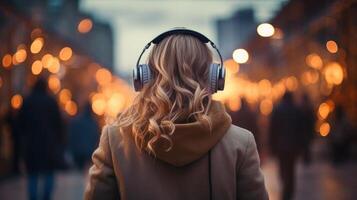 AI generated Music therapy, harmony, mental health concept. Pretty young woman enjoying music with headphones outdoors. Woman wearing headphones enjoying music and good vibes photo