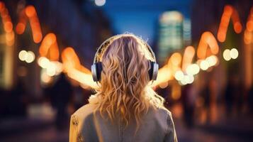 ai generado música terapia, armonía, mental salud concepto. bonito joven mujer disfrutando música con auriculares al aire libre. mujer vistiendo auriculares disfrutando música y bueno vibraciones foto