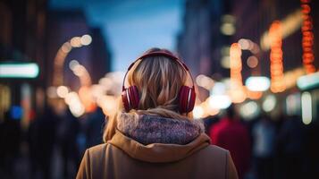 AI generated Music therapy, harmony, mental health concept. Pretty young woman enjoying music with headphones outdoors. Woman wearing headphones enjoying music and good vibes photo