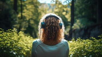 ai generado música terapia, armonía, mental salud concepto. bonito joven mujer disfrutando música con auriculares al aire libre. mujer vistiendo auriculares disfrutando música y bueno vibraciones foto