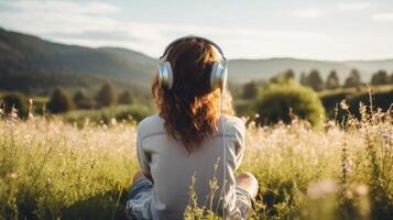 AI generated Music therapy, harmony, mental health concept. Pretty young woman enjoying music with headphones outdoors. Woman wearing headphones enjoying music and good vibes photo