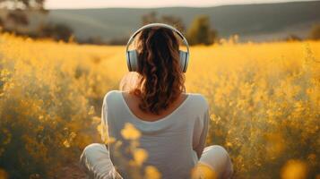 AI generated Music therapy, harmony, mental health concept. Pretty young woman enjoying music with headphones outdoors. Woman wearing headphones enjoying music and good vibes photo