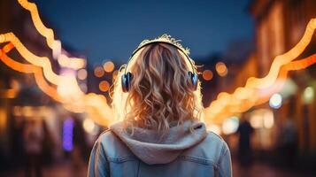 AI generated Music therapy, harmony, mental health concept. Pretty young woman enjoying music with headphones outdoors. Woman wearing headphones enjoying music and good vibes photo