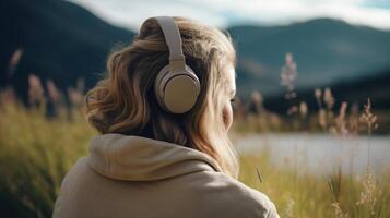 AI generated Music therapy, harmony, mental health concept. Pretty young woman enjoying music with headphones outdoors. Woman wearing headphones enjoying music and good vibes photo