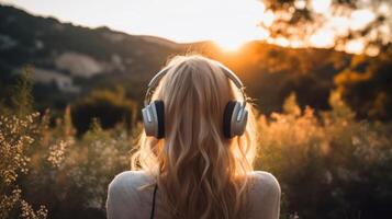 ai generado música terapia, armonía, mental salud concepto. bonito joven mujer disfrutando música con auriculares al aire libre. mujer vistiendo auriculares disfrutando música y bueno vibraciones foto