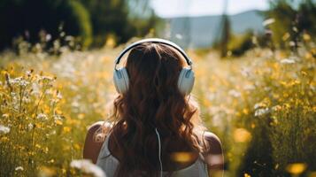 ai generado música terapia, armonía, mental salud concepto. bonito joven mujer disfrutando música con auriculares al aire libre. mujer vistiendo auriculares disfrutando música y bueno vibraciones foto