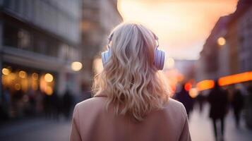 AI generated Music therapy, harmony, mental health concept. Pretty young woman enjoying music with headphones outdoors. Woman wearing headphones enjoying music and good vibes photo