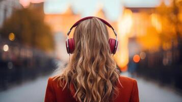 AI generated Music therapy, harmony, mental health concept. Pretty young woman enjoying music with headphones outdoors. Woman wearing headphones enjoying music and good vibes photo