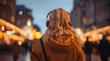 ai generado música terapia, armonía, mental salud concepto. bonito joven mujer disfrutando música con auriculares al aire libre. mujer vistiendo auriculares disfrutando música y bueno vibraciones foto