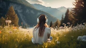 ai generado música terapia, armonía, mental salud concepto. bonito joven mujer disfrutando música con auriculares al aire libre. mujer vistiendo auriculares disfrutando música y bueno vibraciones foto