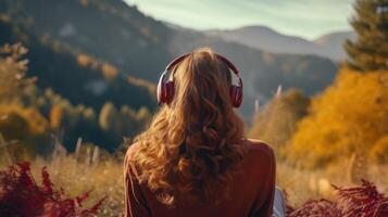 AI generated Music therapy, harmony, mental health concept. Pretty young woman enjoying music with headphones outdoors. Woman wearing headphones enjoying music and good vibes photo