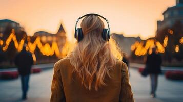 ai generado música terapia, armonía, mental salud concepto. bonito joven mujer disfrutando música con auriculares al aire libre. mujer vistiendo auriculares disfrutando música y bueno vibraciones foto