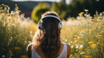 ai generado música terapia, armonía, mental salud concepto. bonito joven mujer disfrutando música con auriculares al aire libre. mujer vistiendo auriculares disfrutando música y bueno vibraciones foto