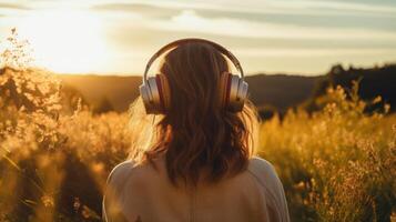 ai generado música terapia, armonía, mental salud concepto. bonito joven mujer disfrutando música con auriculares al aire libre. mujer vistiendo auriculares disfrutando música y bueno vibraciones foto