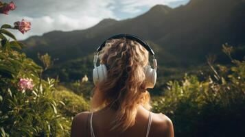 ai generado música terapia, armonía, mental salud concepto. bonito joven mujer disfrutando música con auriculares al aire libre. mujer vistiendo auriculares disfrutando música y bueno vibraciones foto