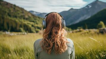 ai generado música terapia, armonía, mental salud concepto. bonito joven mujer disfrutando música con auriculares al aire libre. mujer vistiendo auriculares disfrutando música y bueno vibraciones foto