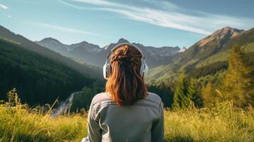 AI generated Music therapy, harmony, mental health concept. Pretty young woman enjoying music with headphones outdoors. Woman wearing headphones enjoying music and good vibes photo