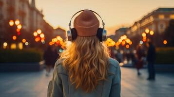 AI generated Music therapy, harmony, mental health concept. Pretty young woman enjoying music with headphones outdoors. Woman wearing headphones enjoying music and good vibes photo