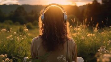 AI generated Music therapy, harmony, mental health concept. Pretty young woman enjoying music with headphones outdoors. Woman wearing headphones enjoying music and good vibes photo