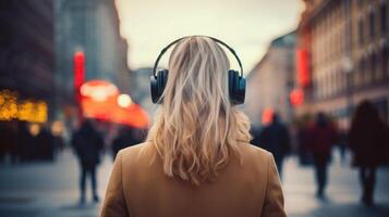 ai generado música terapia, armonía, mental salud concepto. bonito joven mujer disfrutando música con auriculares al aire libre. mujer vistiendo auriculares disfrutando música y bueno vibraciones foto