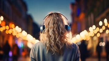 ai generado música terapia, armonía, mental salud concepto. bonito joven mujer disfrutando música con auriculares al aire libre. mujer vistiendo auriculares disfrutando música y bueno vibraciones foto