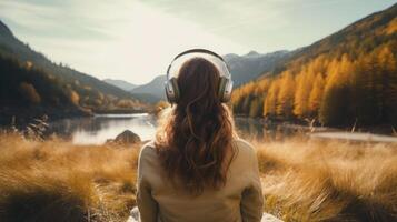 AI generated Music therapy, harmony, mental health concept. Pretty young woman enjoying music with headphones outdoors. Woman wearing headphones enjoying music and good vibes photo