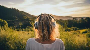 ai generado música terapia, armonía, mental salud concepto. bonito joven mujer disfrutando música con auriculares al aire libre. mujer vistiendo auriculares disfrutando música y bueno vibraciones foto