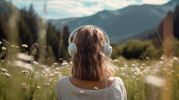 AI generated Music therapy, harmony, mental health concept. Pretty young woman enjoying music with headphones outdoors. Woman wearing headphones enjoying music and good vibes photo