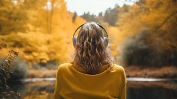 AI generated Music therapy, harmony, mental health concept. Pretty young woman enjoying music with headphones outdoors. Woman wearing headphones enjoying music and good vibes photo