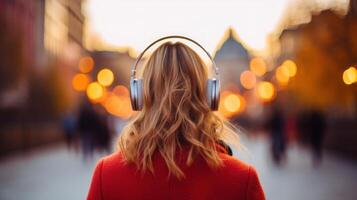 AI generated Music therapy, harmony, mental health concept. Pretty young woman enjoying music with headphones outdoors. Woman wearing headphones enjoying music and good vibes photo