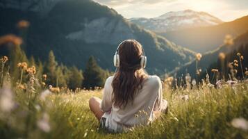 AI generated Music therapy, harmony, mental health concept. Pretty young woman enjoying music with headphones outdoors. Woman wearing headphones enjoying music and good vibes photo