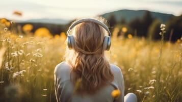 AI generated Music therapy, harmony, mental health concept. Pretty young woman enjoying music with headphones outdoors. Woman wearing headphones enjoying music and good vibes photo