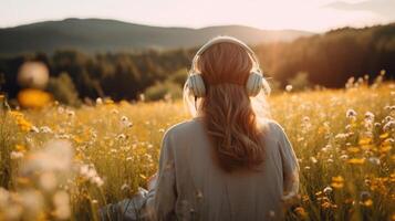 AI generated Music therapy, harmony, mental health concept. Pretty young woman enjoying music with headphones outdoors. Woman wearing headphones enjoying music and good vibes photo